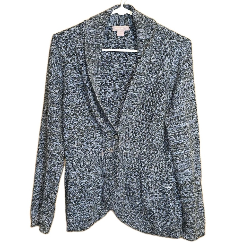 🧶💙 Laura Scott Women's Open Front Knit‎ Cardigan – Blue/Gray Textured – Size L
